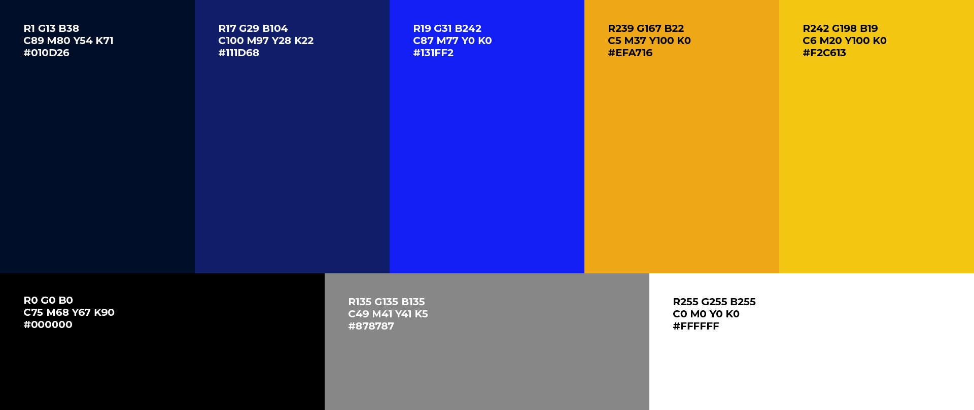 Alpom's color palette: 3 tones of blue, 2 tones of yellow, black, grey, and white.